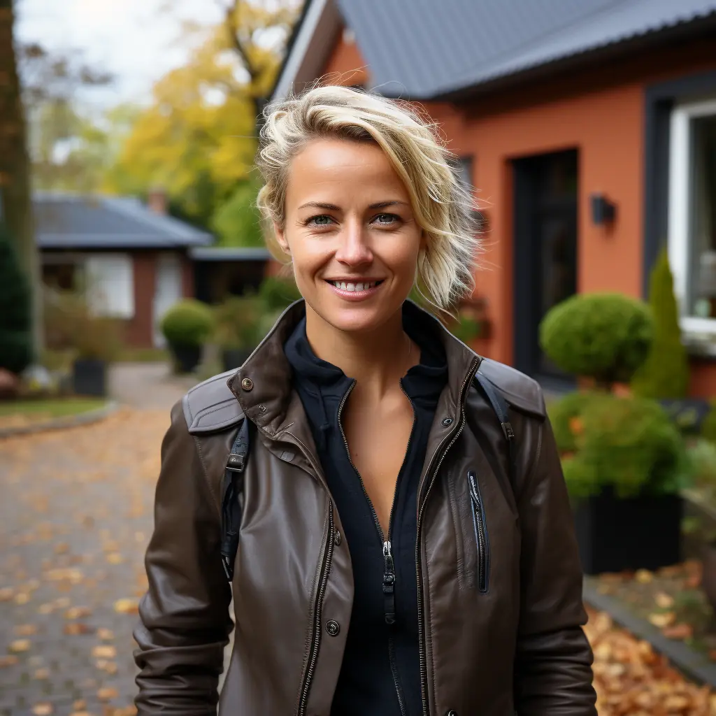 Frau 40 Vor Modernem Haus Close 2